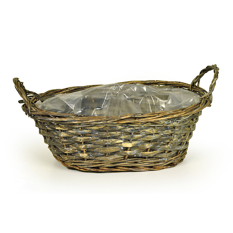 ovális hasított vessző tál két füllel szürke 30x21x11/13cm