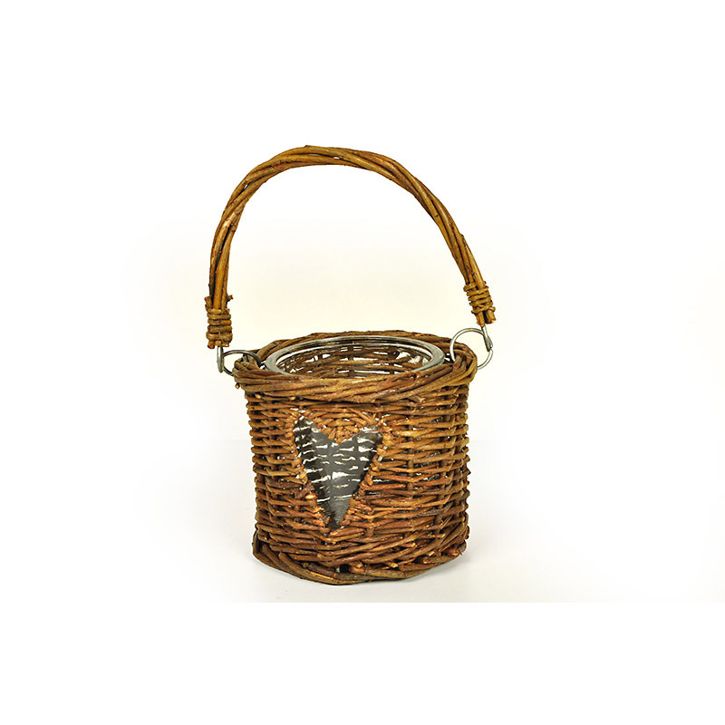 natúr vessző mécsestartó szív mintával barna 14x12/24cm