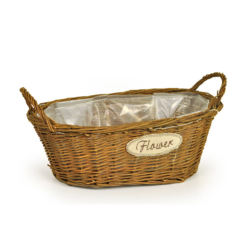 ovális natúr vessző tál két füllel flower felirattal barna 32x20,5x1 /16cm