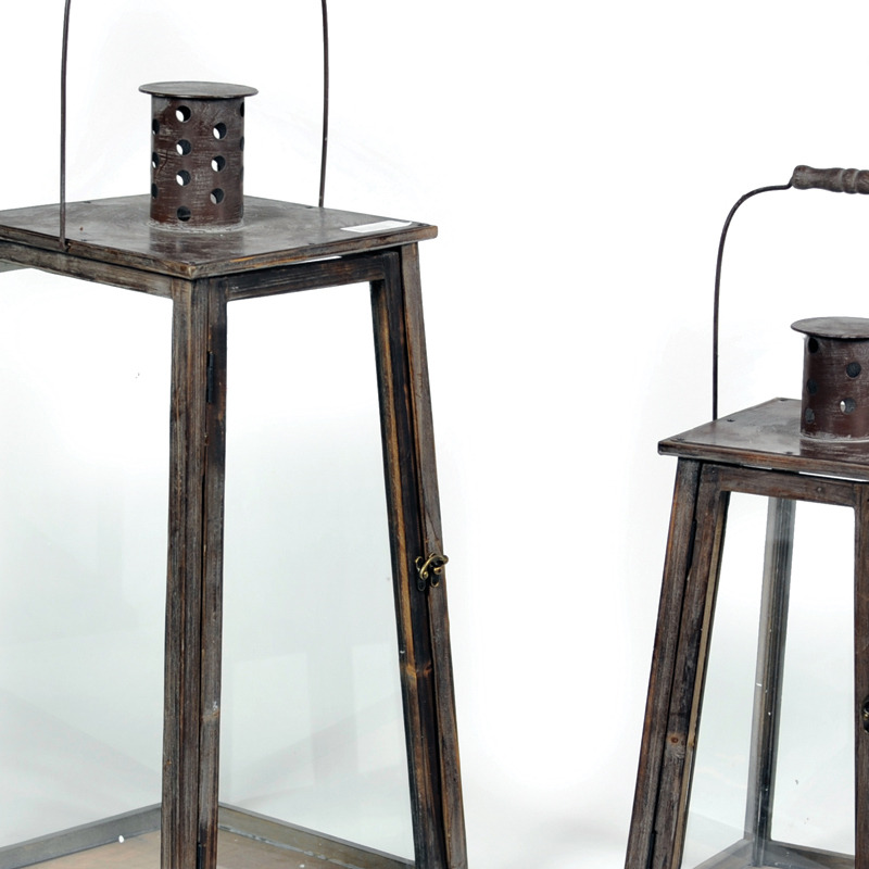 fa l&aacute;mp&aacute;s szett f&eacute;m tetővel barna S/2 33/26x33/26x68/53cm