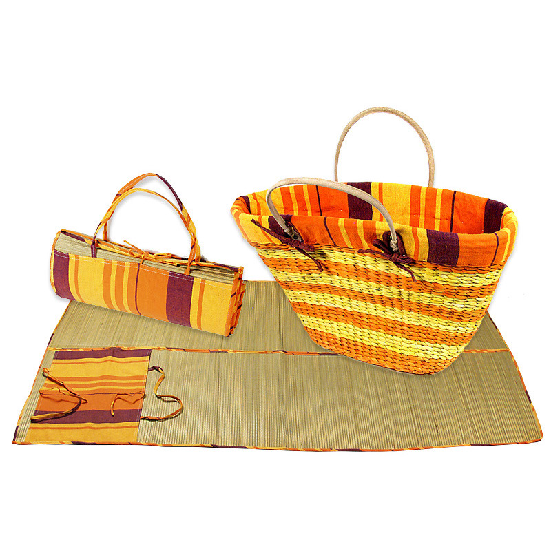 fonott strandszett narancs: gyékény, táska, párna, neszeszer